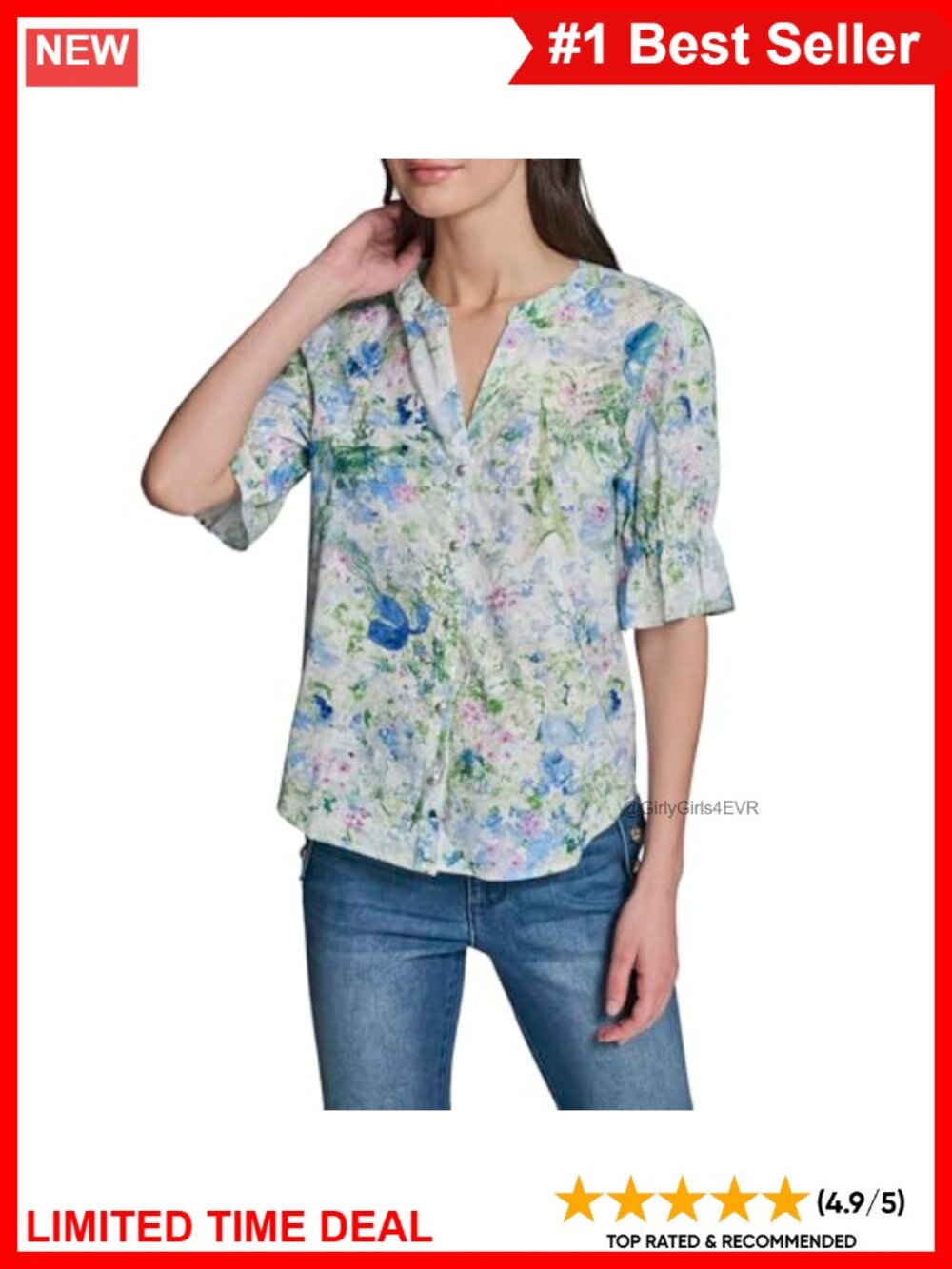 3/4 Sleeve V-Neck Floral Button Blouse Balloon Sleeve Work Top